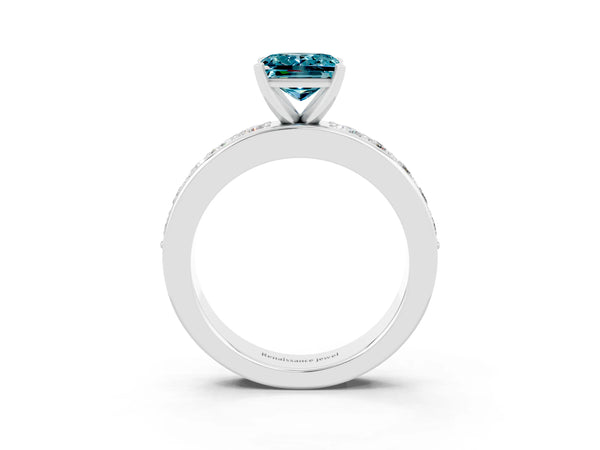 Silver Princess Cut Blue Topaz Engagement Ring with Channel Set Round  Band and Prong Setting