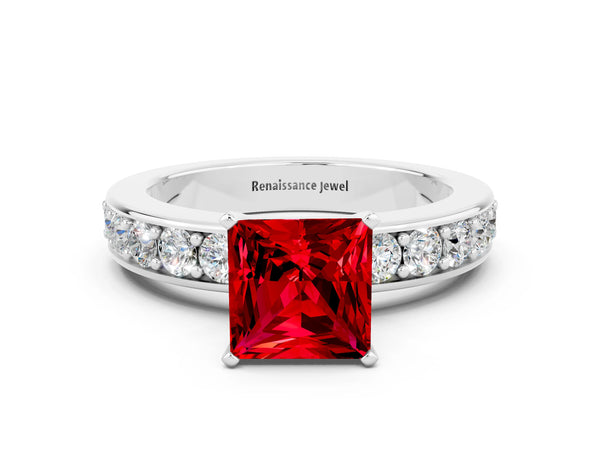 Silver Princess Cut Ruby Engagement Ring with Channel Set Round  Band and Prong Setting