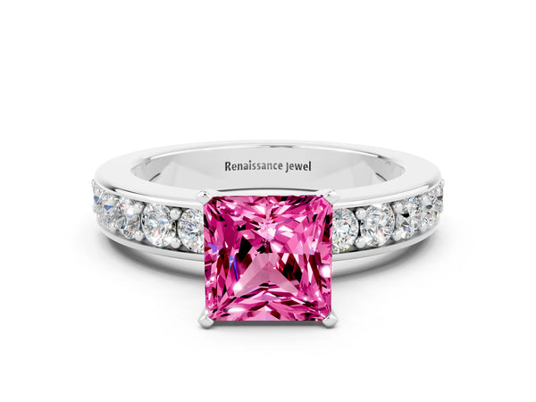 Silver Princess Cut Pink Sapphire Engagement Ring with Channel Set Round  Band and Prong Setting