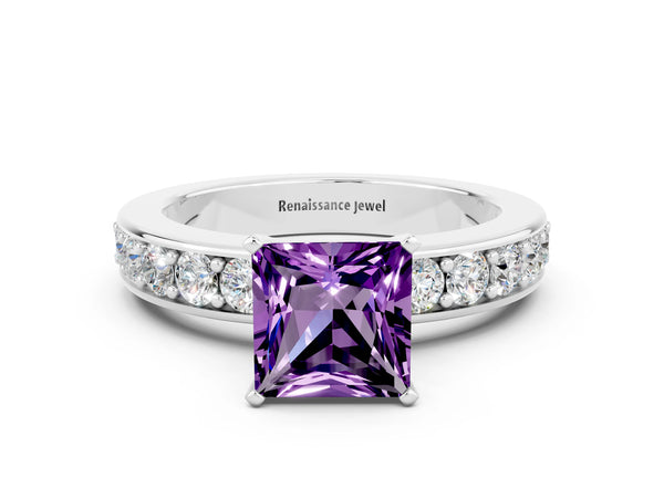 White gold Princess Cut Amethyst Engagement Ring with Channel Set Round Band and Prong Setting