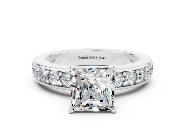 Silver Princess Cut Moissanite Engagement Ring with Channel Set Round  Band and Prong Setting