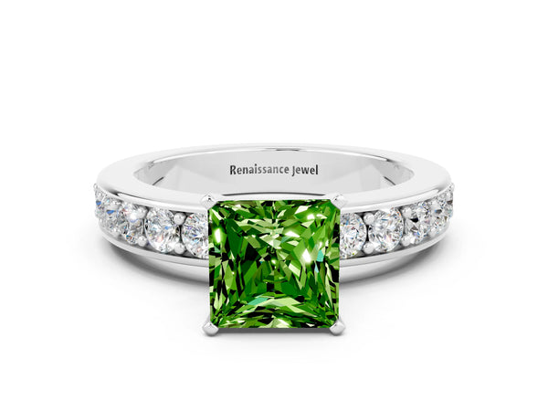 Platinum Princess Cut Peridot Engagement Ring with Channel Set Round Band and Prong Setting