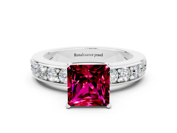 White gold Princess Cut Garnet Engagement Ring with Channel Set Round Band and Prong Setting