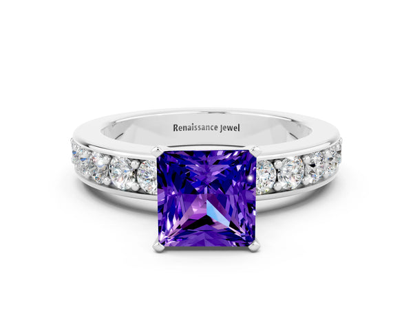 Platinum Princess Cut Tanzanite Engagement Ring with Channel Set Round Band and Prong Setting