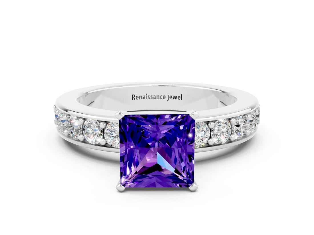 White gold Princess Cut Cut Channel Set Diamond Engagement Ring with Four-Prong Setting