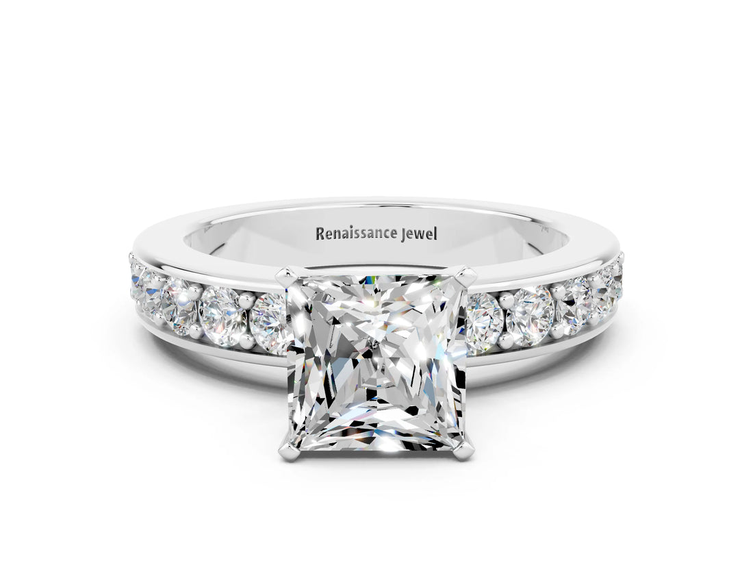 White gold Princess Cut Cut Channel Set Diamond Engagement Ring with Four-Prong Setting