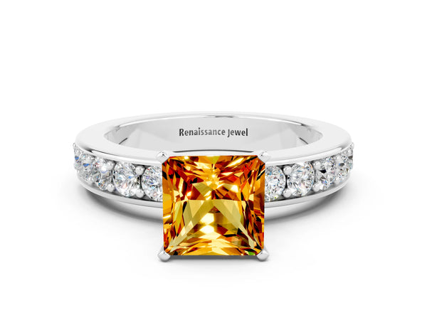 Platinum Princess Cut Citrine Engagement Ring with Channel Set Round Band and Prong Setting