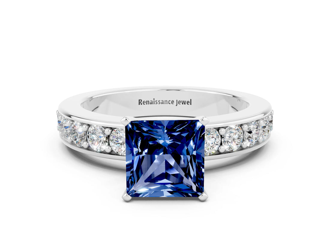 White gold Princess Cut Cut Channel Set Diamond Engagement Ring with Four-Prong Setting