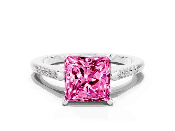 Silver Princess Cut Pink Sapphire Solitaire Ring with Channel Set Round Band and Prong Setting