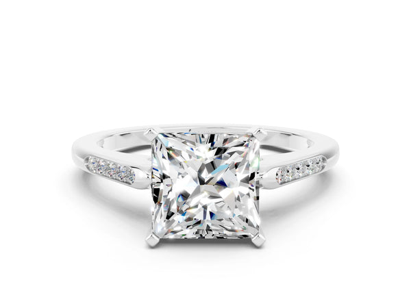 Silver Princess Cut Moissanite Solitaire Ring with Channel Set Round Band and Prong Setting