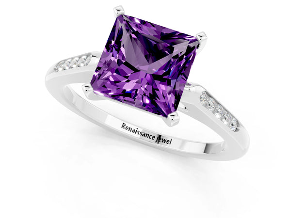 White gold Princess Cut Amethyst Solitaire Ring with Channel Set Round Band and Prong Setting