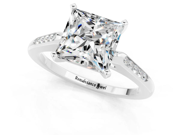 Silver Princess Cut Moissanite Solitaire Ring with Channel Set Round Band and Prong Setting