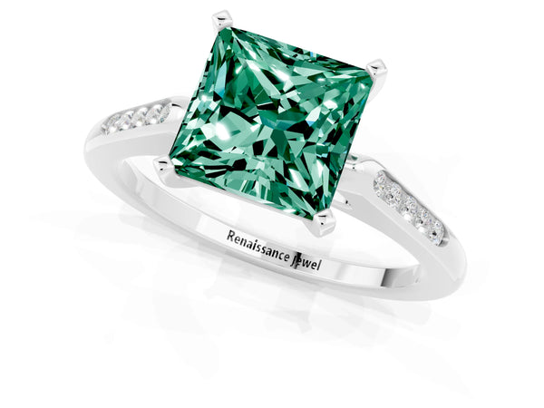 Silver Princess Cut Green Sapphire Solitaire Ring with Channel Set Round Band and Prong Setting