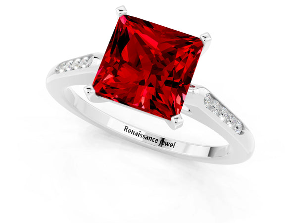White gold Princess Cut Ruby Solitaire Ring with Channel Set Round Band and Prong Setting
