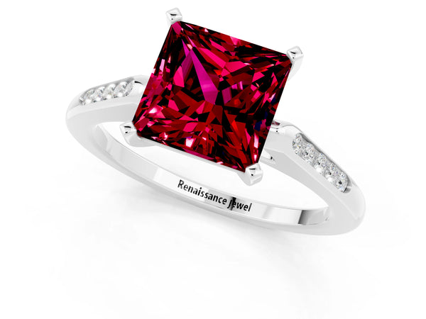 Silver Princess Cut Garnet Solitaire Ring with Channel Set Round Band and Prong Setting