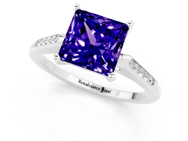 Platinum Princess Cut Tanzanite Solitaire Ring with Channel Set Round Band and Prong Setting