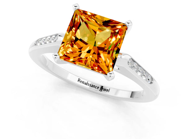 Silver Princess Cut Citrine Solitaire Ring with Channel Set Round Band and Prong Setting
