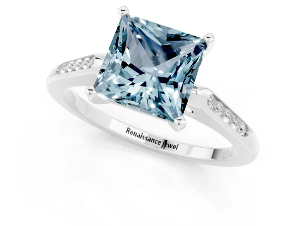 Silver Princess Cut Aquamarine Solitaire Ring with Channel Set Round Band and Prong Setting