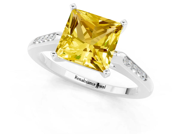 Platinum Princess Cut Yellow Sapphire Solitaire Ring with Channel Set Round Band and Prong Setting