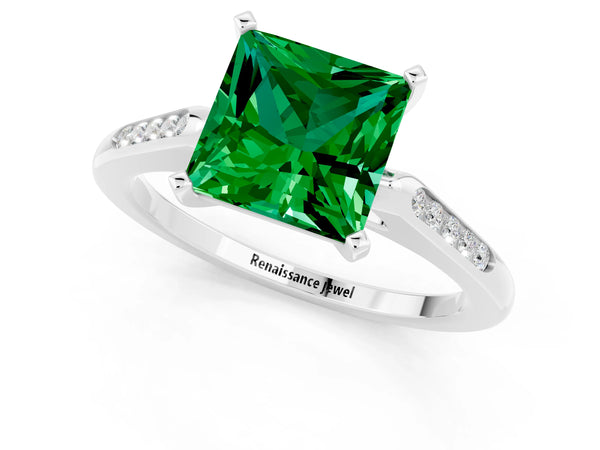 Platinum Princess Cut Emerald Solitaire Ring with Channel Set Round Band and Prong Setting
