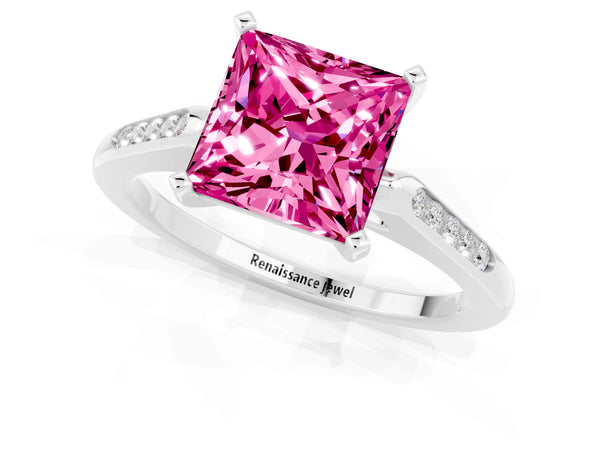Silver Princess Cut Pink Sapphire Solitaire Ring with Channel Set Round Band and Prong Setting
