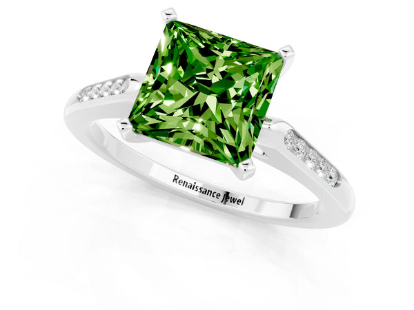 Platinum Princess Cut Peridot Solitaire Ring with Channel Set Round Band and Prong Setting