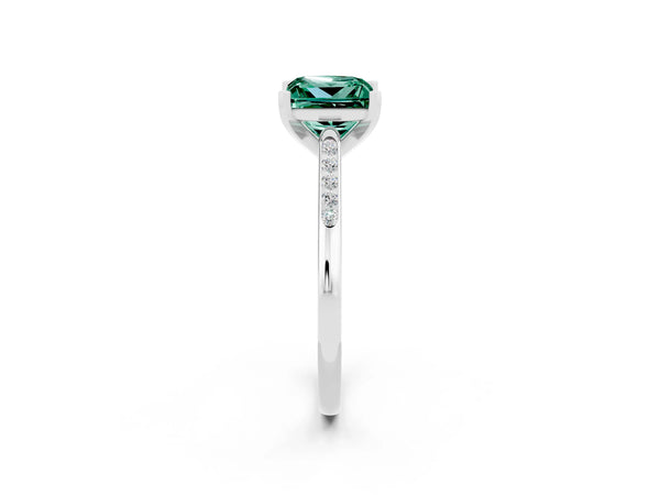 Silver Princess Cut Green Sapphire Solitaire Ring with Channel Set Round Band and Prong Setting