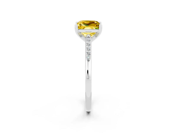 Platinum Princess Cut Yellow Sapphire Solitaire Ring with Channel Set Round Band and Prong Setting