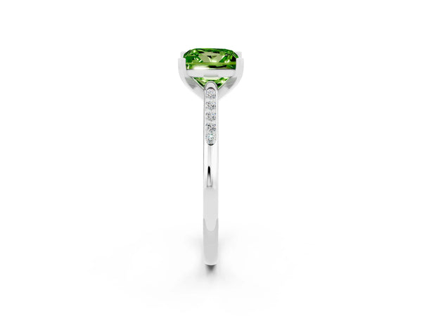 Platinum Princess Cut Peridot Solitaire Ring with Channel Set Round Band and Prong Setting