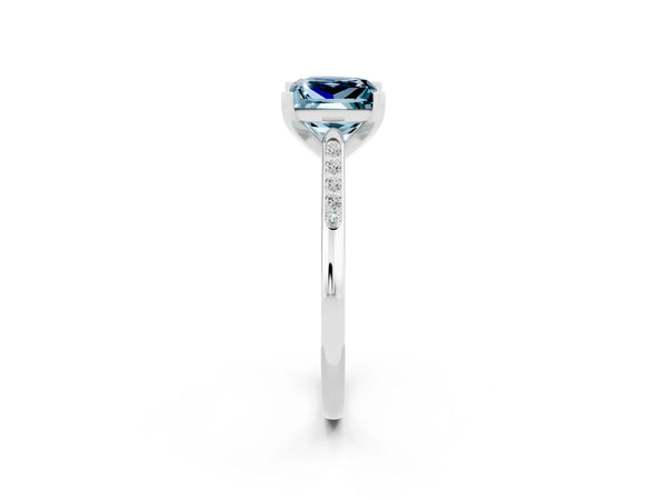 Silver Princess Cut Aquamarine Solitaire Ring with Channel Set Round Band and Prong Setting