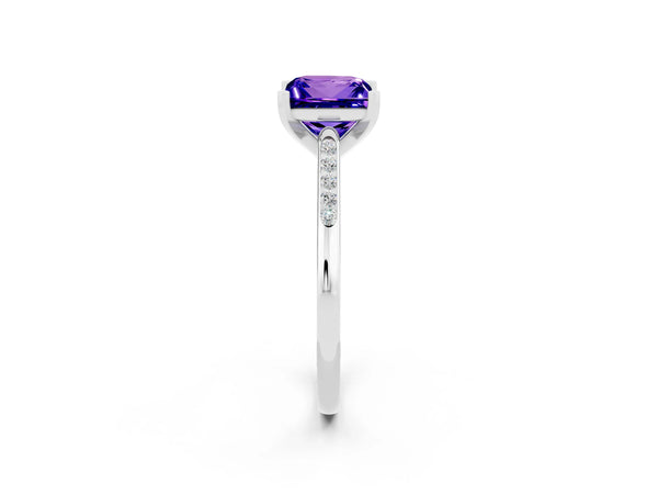 Silver Princess Cut Tanzanite Solitaire Ring with Channel Set Round Band and Prong Setting