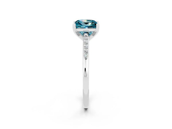 Silver Princess Cut Blue Topaz Solitaire Ring with Channel Set Round Band and Prong Setting