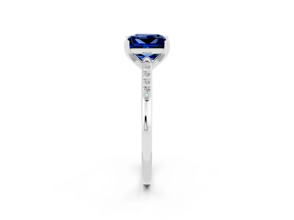 White gold Princess Cut Blue Sapphire Solitaire Ring with Channel Set Round Band and Prong Setting