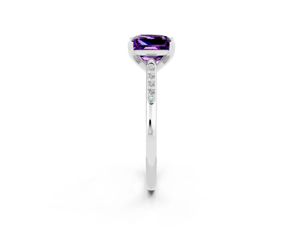 White gold Princess Cut Amethyst Solitaire Ring with Channel Set Round Band and Prong Setting