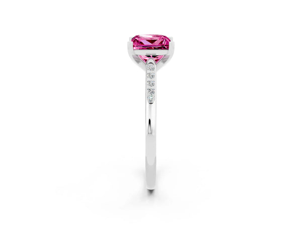 White gold Princess Cut Pink Sapphire Solitaire Ring with Channel Set Round Band and Prong Setting