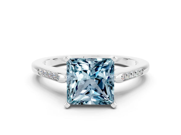 Platinum Princess Cut Aquamarine Solitaire Ring with Channel Set Round Band and Prong Setting