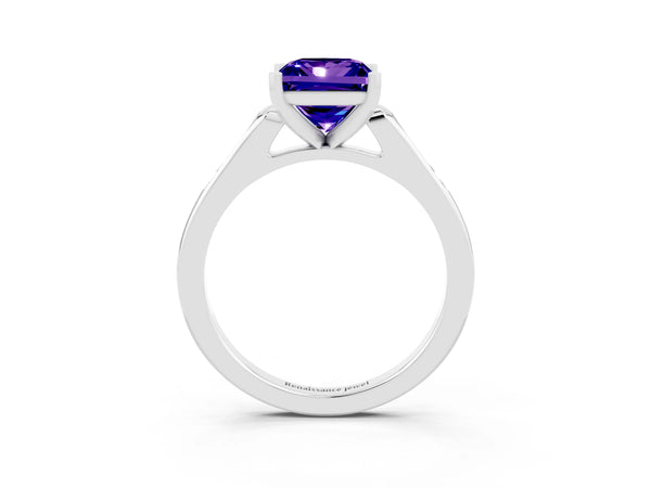 Platinum Princess Cut Tanzanite Solitaire Ring with Channel Set Round Band and Prong Setting