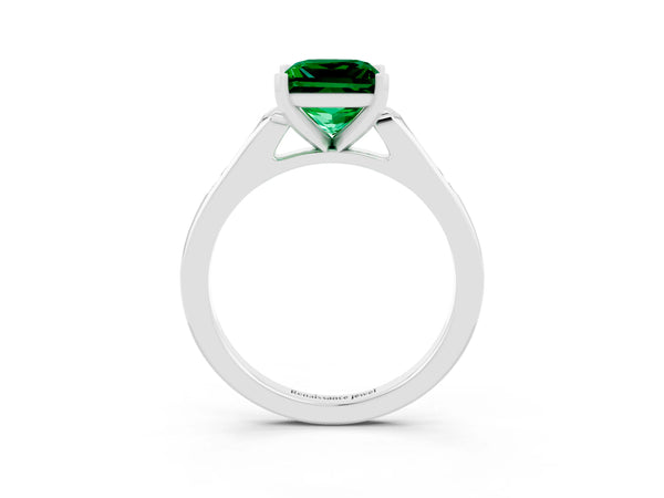 Platinum Princess Cut Emerald Solitaire Ring with Channel Set Round Band and Prong Setting