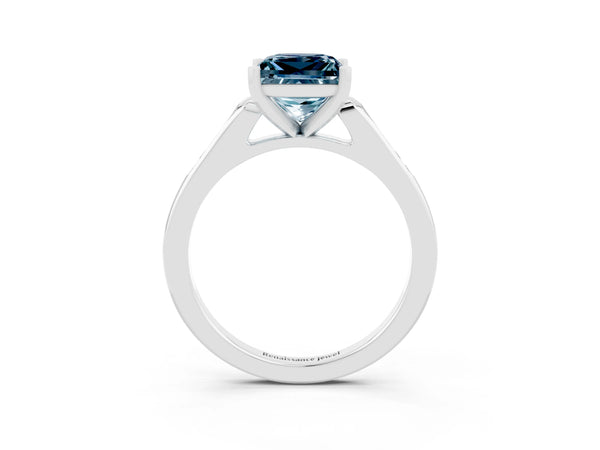 Platinum Princess Cut Aquamarine Solitaire Ring with Channel Set Round Band and Prong Setting