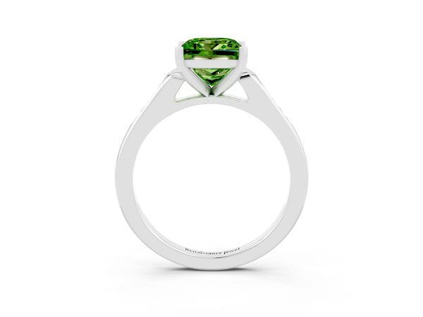 Platinum Princess Cut Peridot Solitaire Ring with Channel Set Round Band and Prong Setting