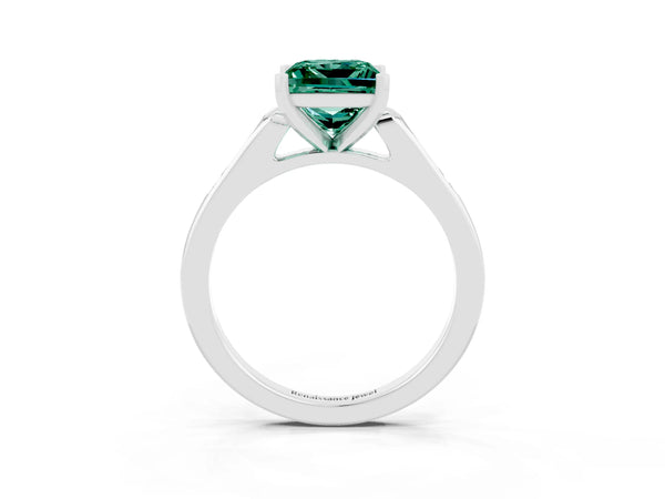 Silver Princess Cut Green Sapphire Solitaire Ring with Channel Set Round Band and Prong Setting