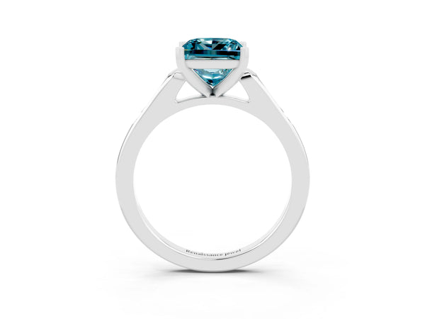 Silver Princess Cut Blue Topaz Solitaire Ring with Channel Set Round Band and Prong Setting