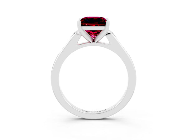 White gold Princess Cut Garnet Solitaire Ring with Channel Set Round Band and Prong Setting