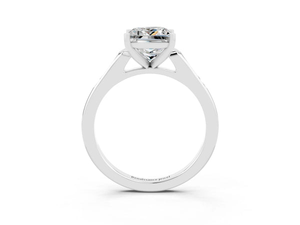 Silver Princess Cut Moissanite Solitaire Ring with Channel Set Round Band and Prong Setting