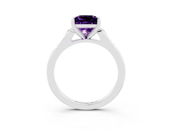 Silver Princess Cut Amethyst Solitaire Ring with Channel Set Round Band and Prong Setting