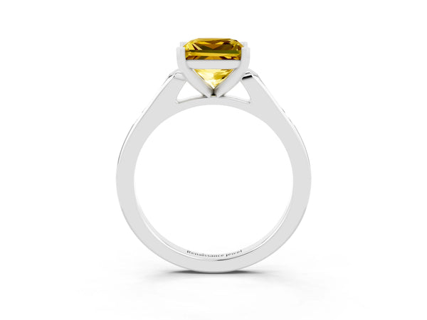Silver Princess Cut Yellow Sapphire Solitaire Ring with Channel Set Round Band and Prong Setting