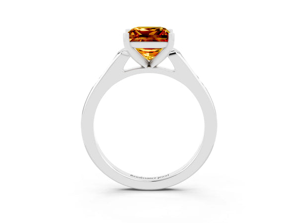 Silver Princess Cut Citrine Solitaire Ring with Channel Set Round Band and Prong Setting