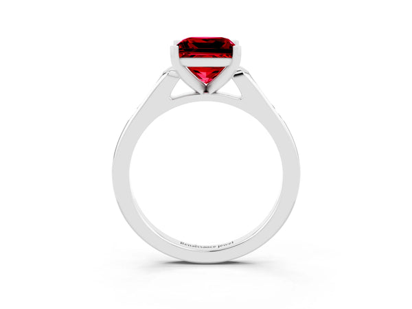Platinum Princess Cut Ruby Solitaire Ring with Channel Set Round Band and Prong Setting