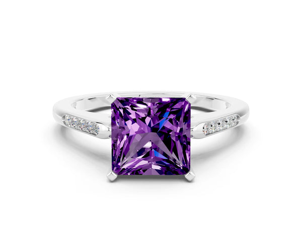 Silver Princess Cut Amethyst Solitaire Ring with Channel Set Round Band and Prong Setting