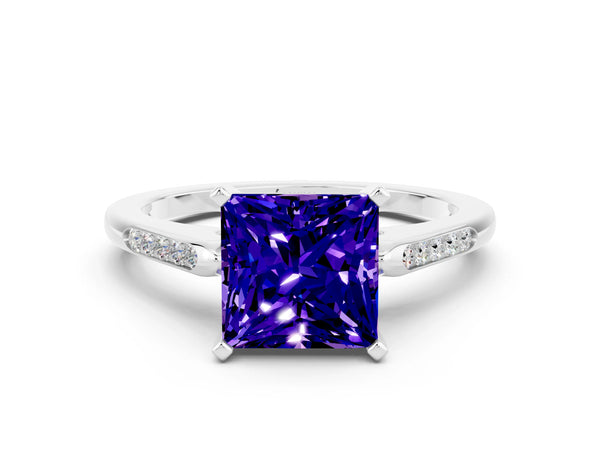 Platinum Princess Cut Tanzanite Solitaire Ring with Channel Set Round Band and Prong Setting